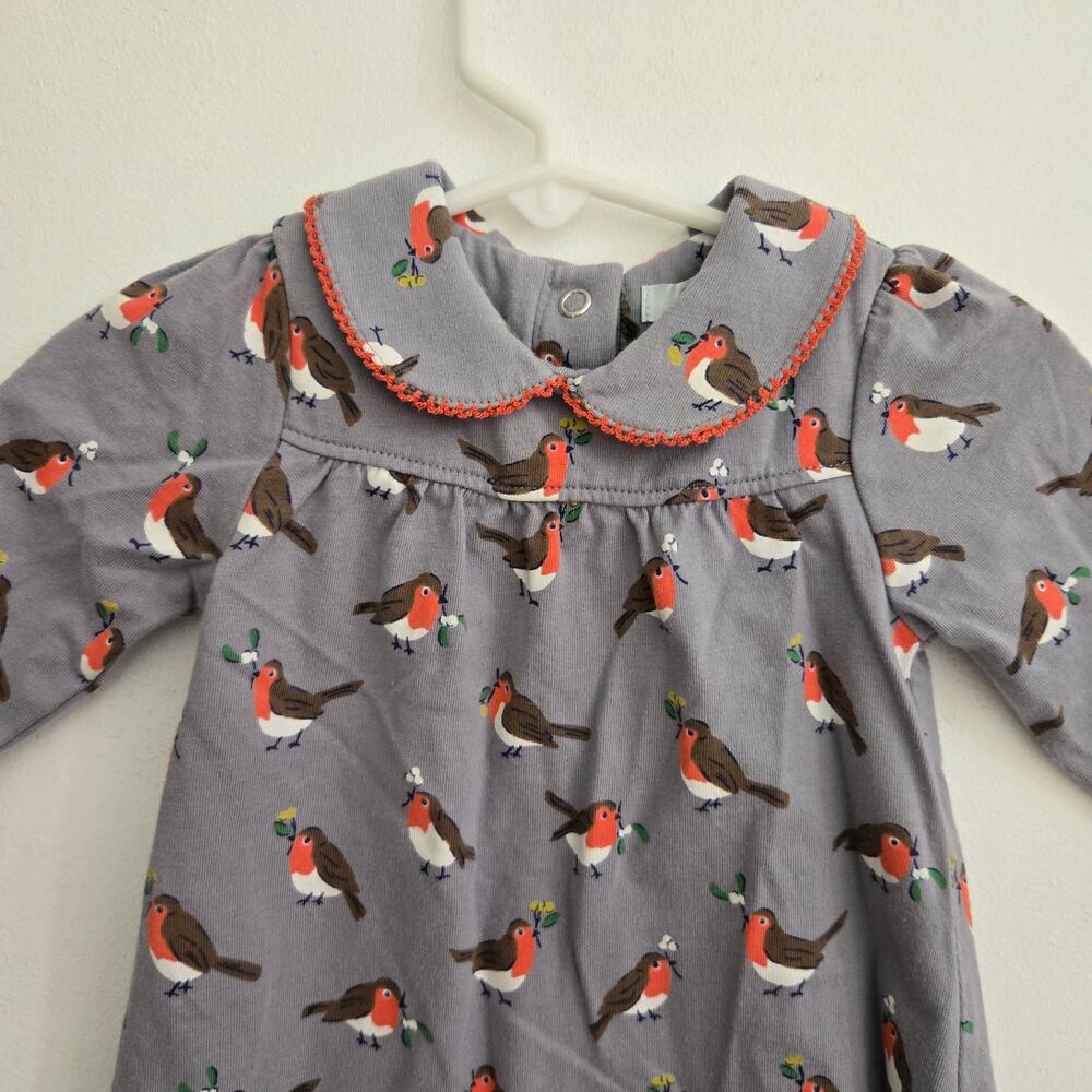 Baby Boden Girl Robin Bird Print Dress Long Sleeve Cotton Fall Gray 3-6 Months - Picture 3 of 10
